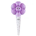 Hand-held purple flower foil balloon with a cute smiley face and small floral handle - Medium Wand Smiley Daisy / Purple