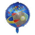Vibrant blue round foil balloon with rocket and Birthday Blast text for space theme parties - Spaceship (Blue) / 18 Inch