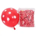 Red latex balloon with white polka dots shown with transparent bulk supply pack - 12 Inch / Polka Dot Style / 100pcs Pack / Red