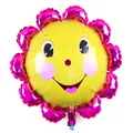 Detailed view of a smiling sunflower foil balloon with vibrant pink petals and yellow center. - Large Rose Red Smile / L