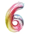 Close-up view of a large 40-inch rainbow gradient foil balloon shaped like the number 6 - Number 6