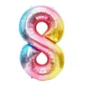 Detail showing the vibrant rainbow gradient and metallic texture of number 8 foil balloon - Number 8