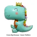 Detail view of large green cartoon dinosaur foil balloon with gold crown. - Crown Dinosaur Shape (Green) / 74x90cm