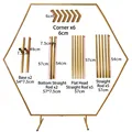 Golden hexagonal metal wedding arch stand showing detailed component parts and sizes - Buckle Hexagon Arch