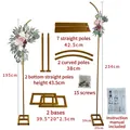 Component breakdown of golden iron wedding arch stand with detailed product dimensions - Crescent Arch