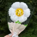 White daisy shaped smiley face balloon bouquet wrapped in pink paper with LOVE text - Sunflower Bouquet Style - White