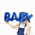 Large 16-inch blue foil balloon with cursive BABY letter design for party decoration. - Blue