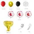 Detailed view of soccer balloon arch kit with trophy and assorted latex balloons - Red Football Trophy Balloon Arch
