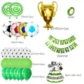Complete soccer-themed birthday balloon set including gold trophy and green banner decorations. - Large Champion Trophy Birthday Banner Set