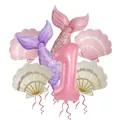 Pink and purple mermaid tail foil balloon set with shells for 1st birthday party - Matte Mermaid Tail Combo 1