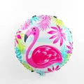 Detailed close-up view of a round 18-inch flamingo balloon with tropical leaf pattern - Flamingo Style / 18 Inch