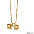 Detailed macro view of a polished gold titanium steel dumbbell pendant on a box chain. - Barbell Gold / Pendant Only (Without Chain)