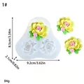 Vista detallada con dimensiones del molde de silicona de flores 3D para el fondant - Estilo 1 Triple Flor Hoja