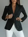 Detail of elegant black lace V-neck blazer for women with intricate floral pattern - S / Tops / Black