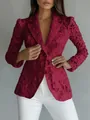 Elegant wine red lace V-neck blazer for women featuring intricate floral patterns and slim fit - S / Tops / Dark Red
