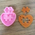 Detail view of heart and puzzle silicone mold with finished resin craft pieces on wood - Heart Puzzle Two-piece Set (CK-014)