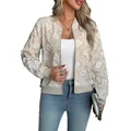 Detailed view of women's cream floral embroidered bomber jacket with zipper closure - S / Tops / Apricot