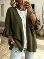 Cardigan in maglia verde oliva oversize con volant sulle maniche a tre quarti - Verde Scuro