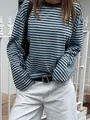 Retro blue and brown horizontal striped long-sleeve T-shirt in a relaxed fit style - S / Tops / Blue