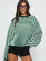 Loose green and white horizontal striped long-sleeve T-shirt with a relaxed fit - S / Tops / Green