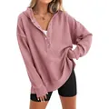 Sweat à capuche ample rose uni pour femme avec col à boutons pour le look d'automne - Pêche