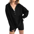 Women's solid black oversized waffle knit hooded sweatshirt with henley buttons - S / Tops / Black