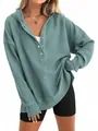 Casual teal oversized hoodie featuring a button-down henley neck and soft ribbed texture - S / Tops / Peacock Green