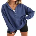 Women's oversized dusty blue hooded henley sweatshirt with buttons and drop shoulder design - S / Tops / Navy Blue