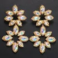 Exaggerated flower-shaped rhinestone earrings with iridescent crystals in gold finish - Gold Plated (AB Color) / 5cm Wide