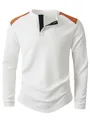 Macro view of white waffle knit Henley shirt featuring orange shoulder and black placket detail - S / Tops / White