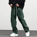 Men's vintage dark green woven high-street casual pants featuring white side stripes - S / Bottoms / Dark Green