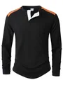 Men's waffle knit long sleeve henley shirt featuring white placket and color block shoulders - S / Tops / Black