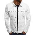 Front view of men's white denim jacket featuring chest pockets and metallic buttons - S / Tops / White