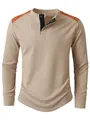 Close-up of khaki waffle henley shirt with orange shoulder patches and black placket - S / Tops / Khaki