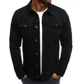 Front detail view of a men's black slim fit button-up denim workwear jacket - S / Tops / Black