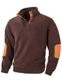 Close-up of men's brown fleece sweatshirt with orange elbow patches and stand collar - S / Tops / Coffee