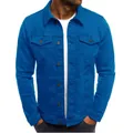 Detailed view of a bright blue men's casual button-up workwear jacket on a model. - S / Tops / Blue