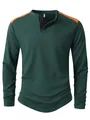 Close-up of button placket and waffle texture on men's contrast Henley shirt - S / Tops / Army Green