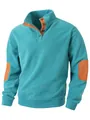 Close-up of a men's teal fleece sweatshirt featuring contrast orange elbow patches - S / Tops / Lake Blue