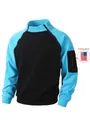 Detail des blau-schwarzen Herren-Fleece-Pullovers mit klettbarem Ärmelaufnäher. - Seeblau