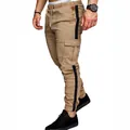 Premium khaki men's cargo pants featuring black side stripes and functional multi-pockets - M / Bottoms / Khaki