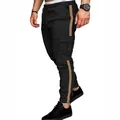 Men's casual black cargo pants featuring tan side stripe and functional multi-pocket design - M / Bottoms / Black