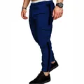 Navy blue men's cargo pants featuring black side stripes and a multi-pocket design - M / Bottoms / Navy Blue