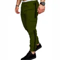 Men's tactical cargo joggers in olive green with black side stripes and utility pockets - M / Bottoms / Green