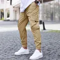 Stylish khaki cargo jogger pants for men with drawstring elastic waist and pockets - S / Bottoms / Khaki
