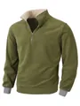 Gedetailleerd overzicht van een olijfgroene fleece pullover met kwart rits voor heren - M / Tops / Legergroen