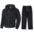 Detailed view of black plush fleece two-piece tracksuit featuring zip hoodie and drawstring pants - S / Top And Bottom / Black