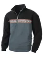 Men's half-zip polar fleece sweatshirt featuring geometric pattern and warm stand collar - M / Tops / Black and Blue Patchwork