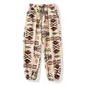 Warm fleece joggers with ethnic geometric patterns and an adjustable drawstring waist. - S / Bottoms / Off White