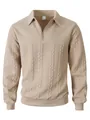 Vorderansicht Detail von beigen Herren Zopfstrick Langarm Polo Pullover - Khaki